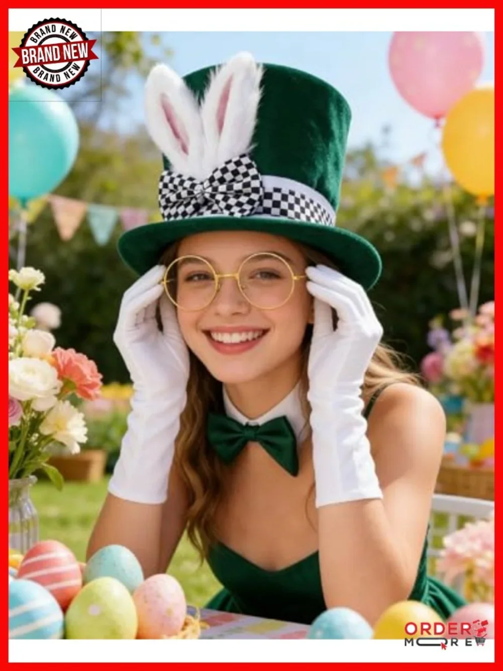 White Rabbit Costume Hat with Ears, Bow Tie, Gloves, Glasses, Brooch Set for
